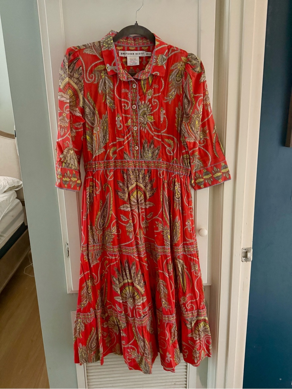 Gretchen Scott Designs Red Paisley Button-Front Womens Dress 100% Cotton